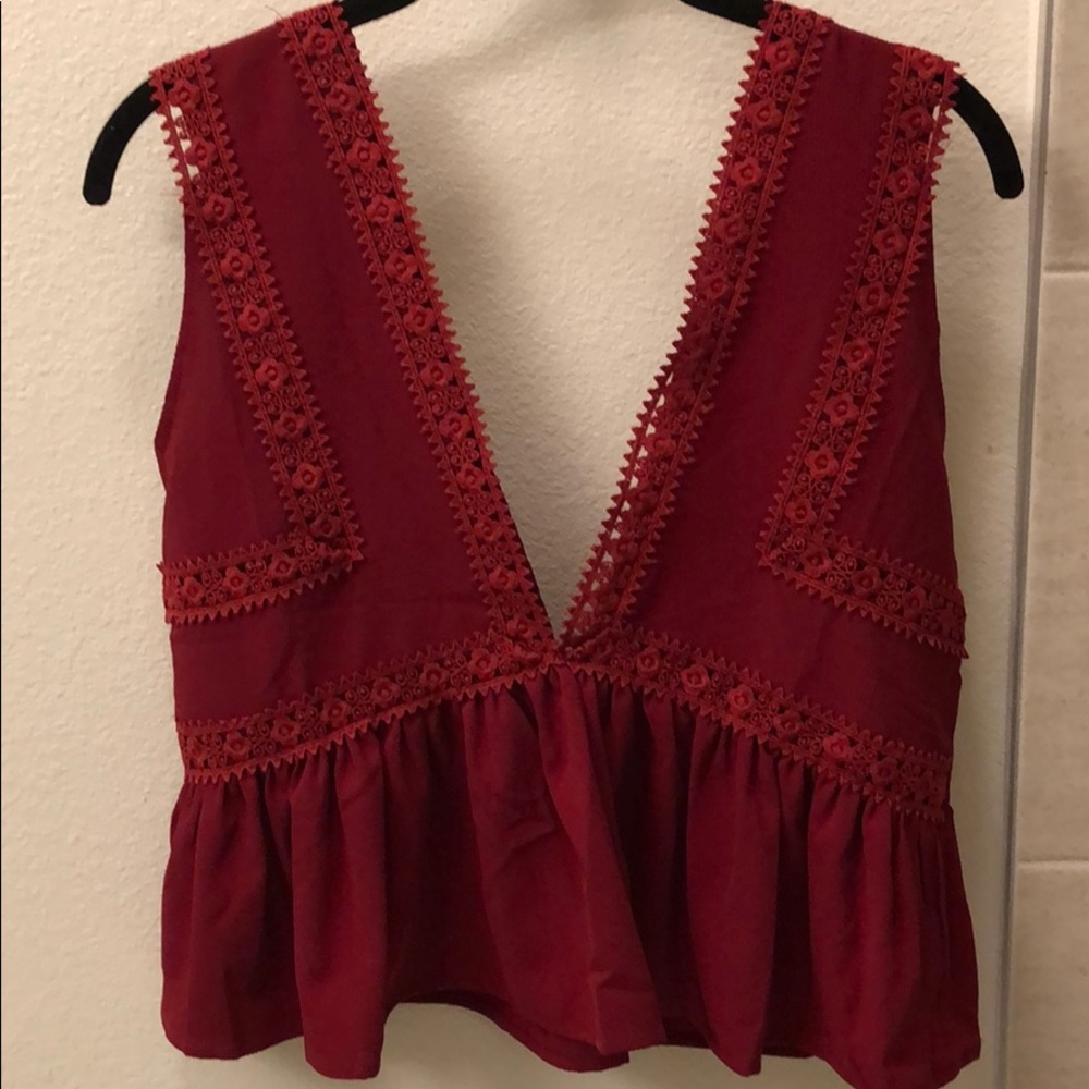 Red embroidered deep V tank